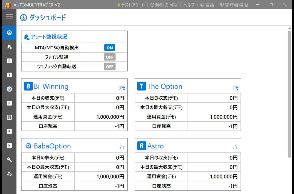 AMT2（v2.21.6）のダッシュボード。アラート監視状況と取引所ごとの収支