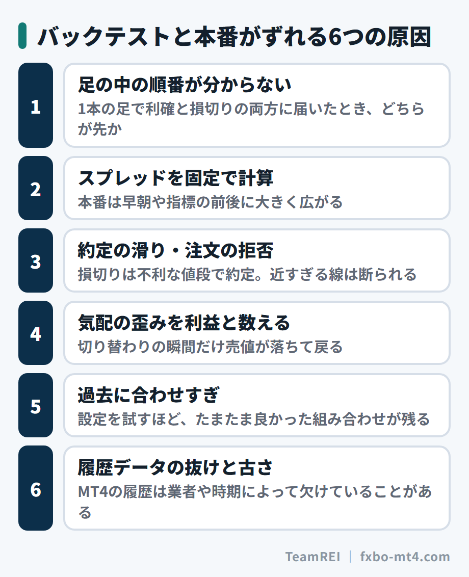 バックテストと本番がずれる6つの原因。足の中の順番、スプレッド、滑り、気配の歪み、過去への合わせすぎ、履歴の抜け