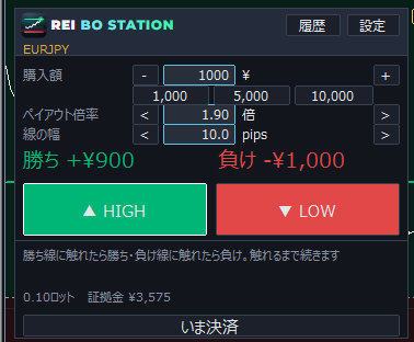 操作パネル。購入額・ペイアウト倍率・線の幅、勝ち負けの金額、HIGH・LOWボタン
