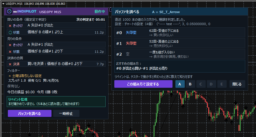 REI IndiPilot のパネルと「バッファを調べる」画面(MT4)