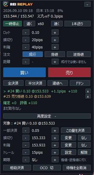 高度設定を開いた操作パネル。選んだ注文の一部決済・損切りと利確の変更・トレール・期限・相殺決済・OCO